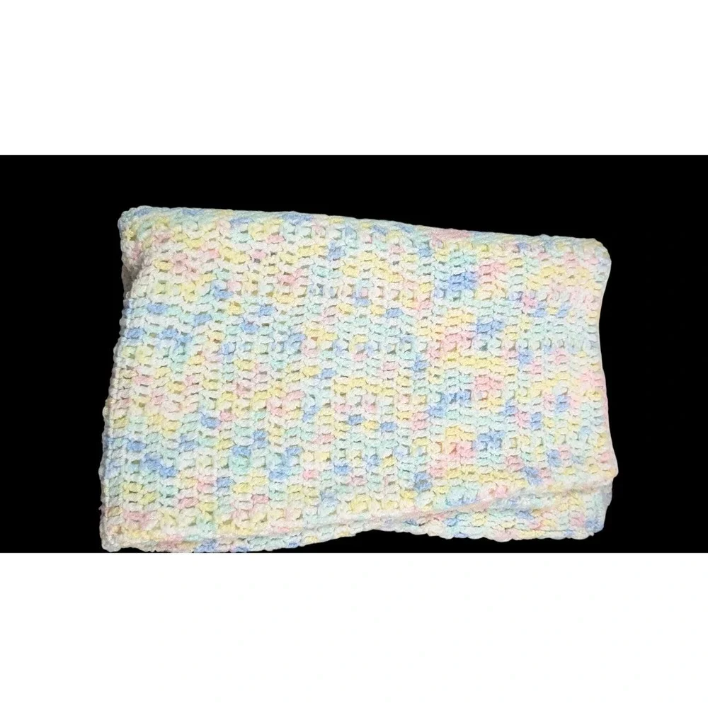 vintage handmade crochet pastel baby‎ blanket pink blue yellow 40x33 Afghan